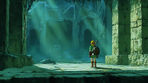 Quiet hero in a mossy ruin washed with soft green light.