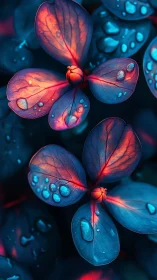 Bioluminescent petals glow with neon raindrops at dusk