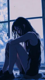 Pensive anime girl sits alone in blue backlit window light.