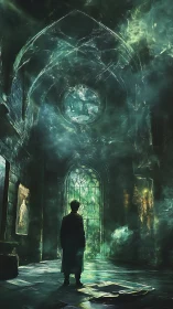 Shadowed wanderer beneath emerald cathedral skies.