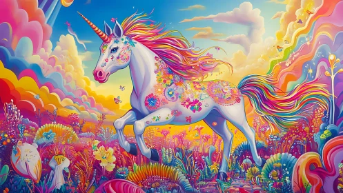 Chromatic unicorn galloping through dense neon floral fantasy field