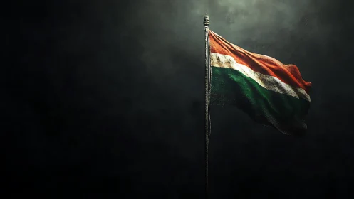 Weathered tricolor flag glowing softly in the stormy dark.