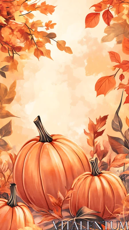 Golden pumpkins rest softly beneath drifting autumn leaves