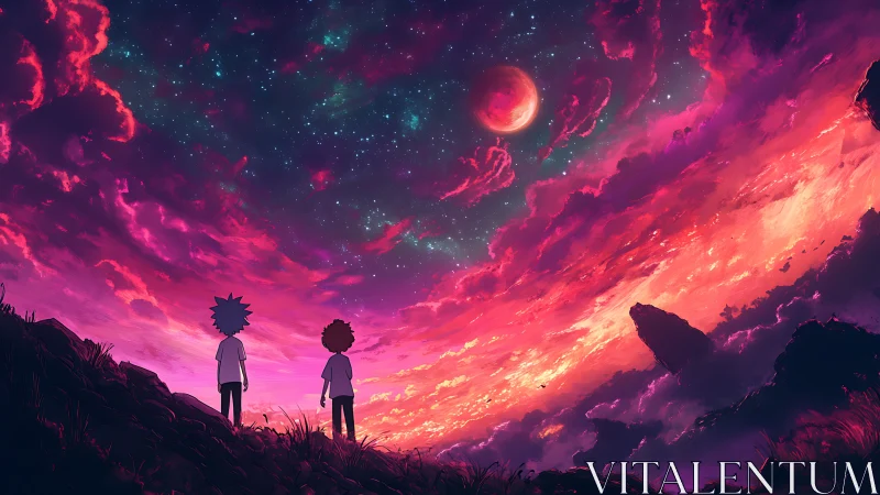 Two young dreamers gaze into a vibrant cosmic sunset sky
