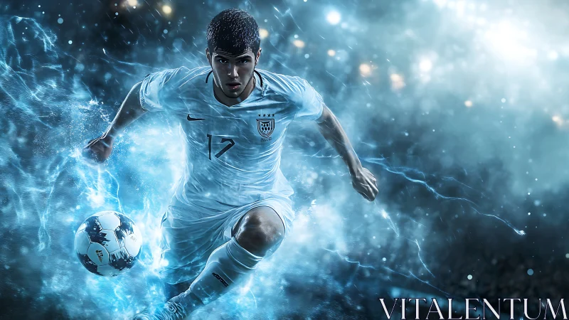 Soccer player runs toward camera in stylized blue effects