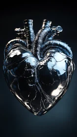 Chrome cybernetic heart sculpture gleams in dark void.
