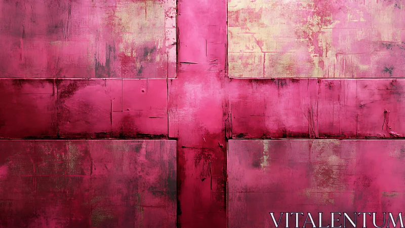 Textured crimson cross over modular abstract blocks.