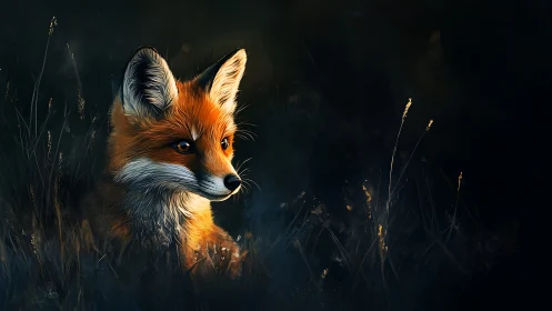 Fox illuminated in twilight reeds with cinematic contrast.