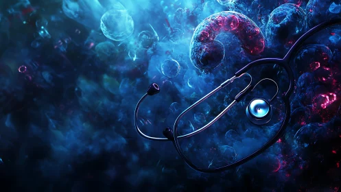 Stethoscope on bioluminescent cellular background in blue haze