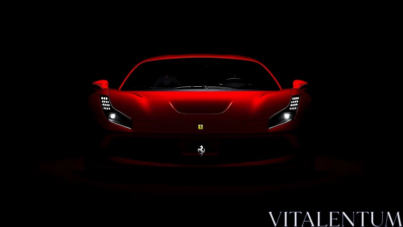 Red sports coupe front view in dark minimal lighting.