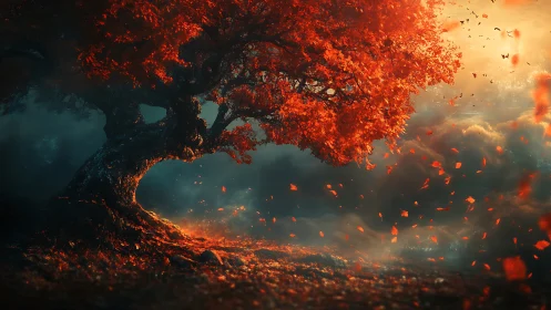 Luminous autumn tree in stormlit fog with drifting scarlet leaves