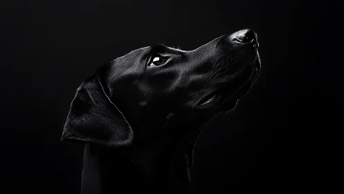 Low key profile portrait of glossy black dog against black