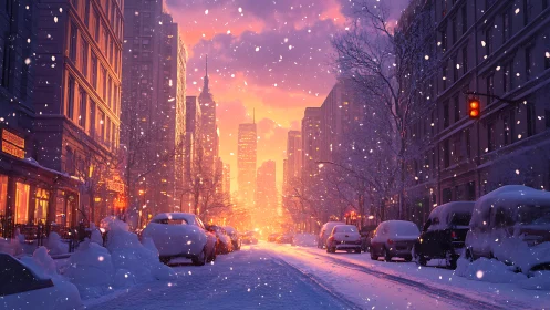 Snowlit city canyon melts into a glowing winter sunset