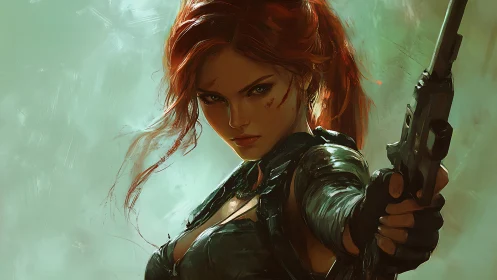 Digital painting of a battle-scarred redhead operative in focus.