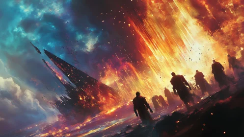 Silhouetted wanderers under cascading apocalyptic firestorm.