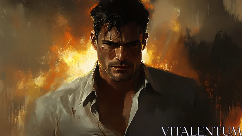 Man with torn shirt stands before intense flames and smoke