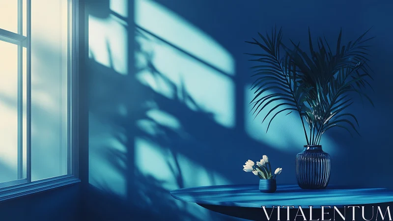 Blue hour window shadows with palm vase and tulip still life.