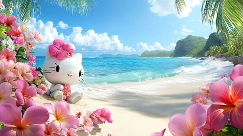Tropical Paradise: Hello Kitty Beach Sanctuary with Pink Floral Frame.