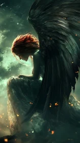 Fallen angel in ember-lit mist with dark feathered wings.