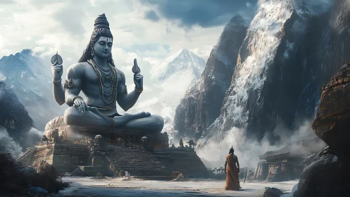 Colossal Shiva statue dominating misty Himalayan temple valley.