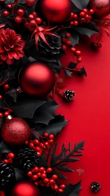 Red ornaments and foliage on matte red background surface.