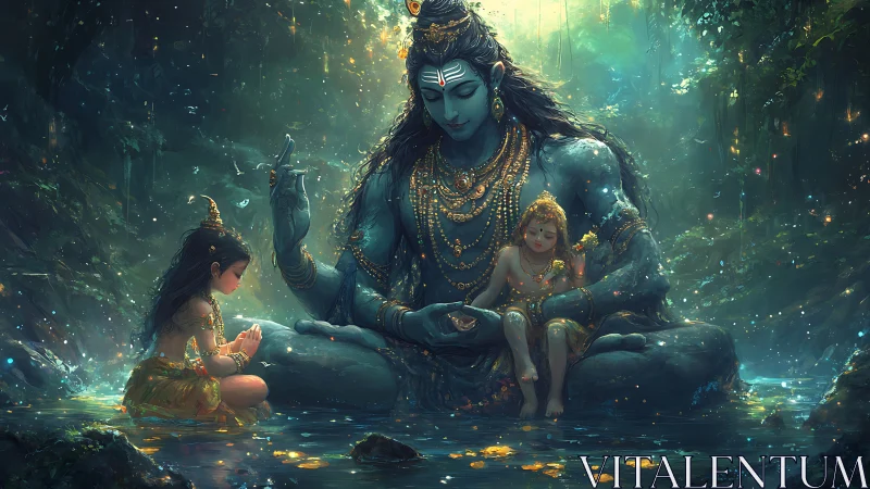 Blue-skinned deity sits with children in glowing forest pool