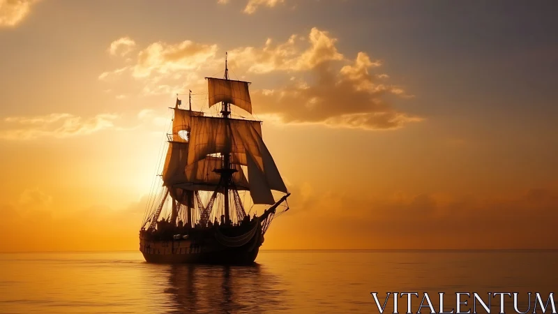 Historic tall ship silhouette sails across luminous sunset