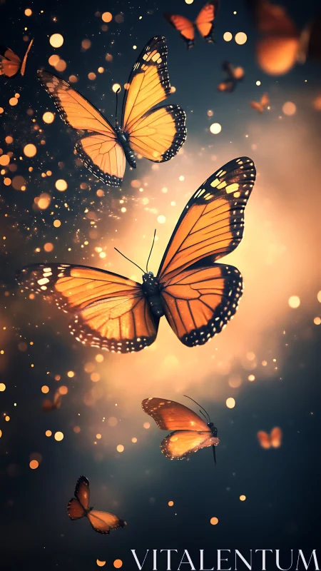 Glowing monarch butterflies drift through a dreamy golden dusk