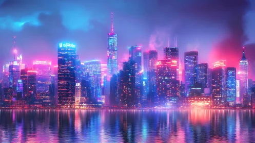 Neon-swept future skyline melting into electric harbor light.