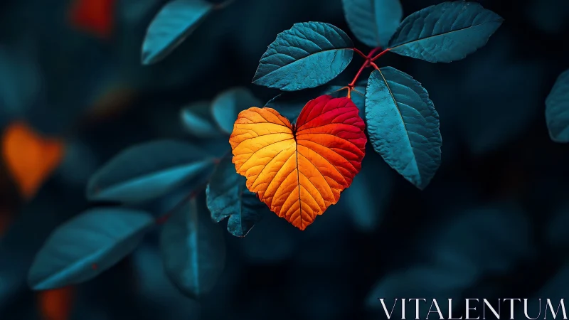 Heart shaped autumn leaf in vivid contrasting colors.