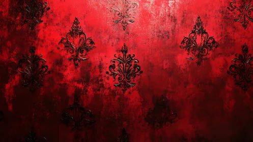 Baroque damask motifs over distressed crimson background.