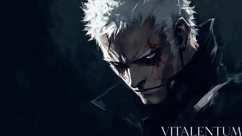 Scarred white-haired warrior glares through shadowed void.