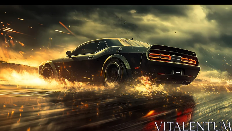 Muscle car powers through rain-soaked road in fiery motion