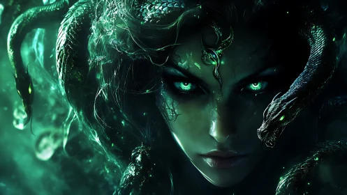 Serpent-crowned gaze carves emerald thunder through shadowed seas