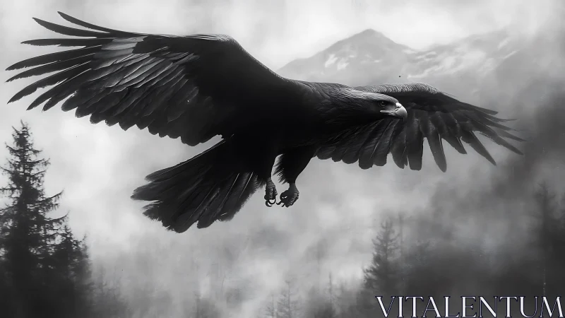 Majestic Eagle Soaring Over Misty Forest in Dramatic Black and White.