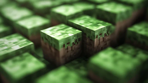 Voxel terrain blocks rendered with shallow depth of field focus