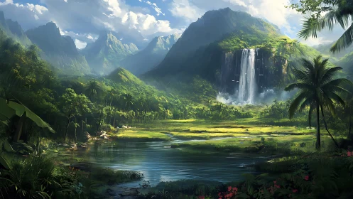 Tropical valley shows wide lagoon, dense forest and waterfall