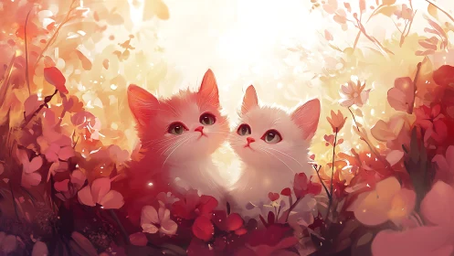 Two Cats Among Floral Bloom with Warm Luminous Glow.
