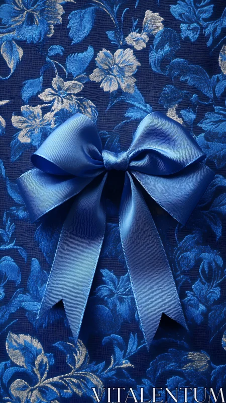 Blue silk bow on floral jacquard textile background.