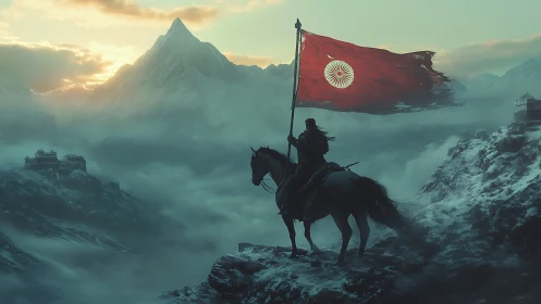 Horseback warrior raises red flag above misty mountains
