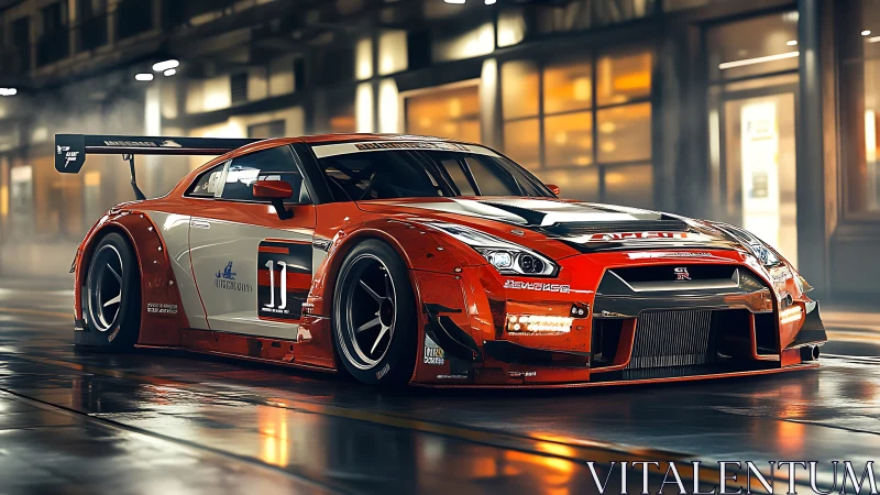 Red Nissan GT‑R race car waits under wet neon city lights
