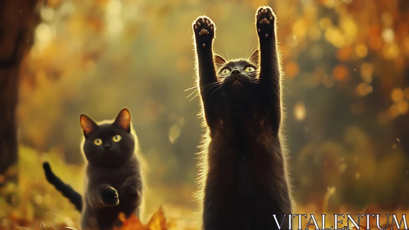 Joyful Black Cats Playing in Sunlit Autumn Forest.