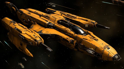 Large yellow sci fi warship travels through deep outer space