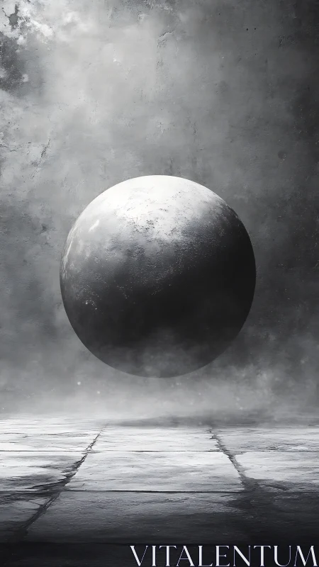 Monochrome stone sphere levitates above misted stone floor