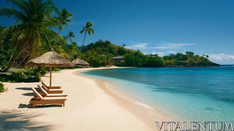 Tropical Island Beach Resort with Thatched Umbrellas and Turquoise Waters