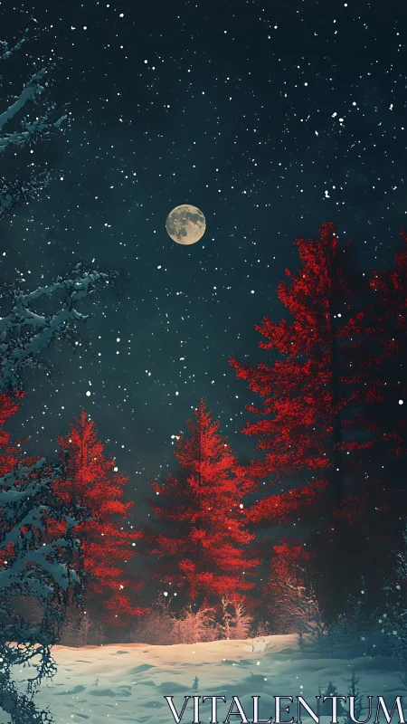 Moonlit red forest glows against deep winter night snow