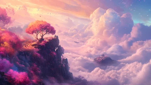 Luminous cliffside tree above pastel fantasy cloudscape.