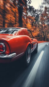Red vintage sports car speeds along autumn forest road