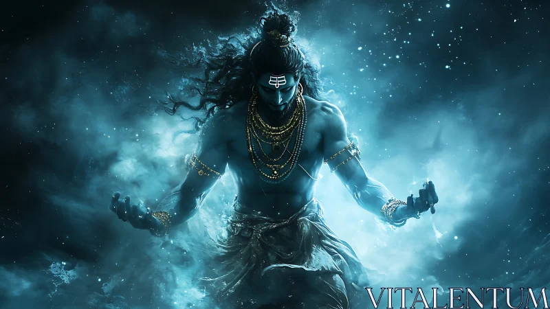 Mythic blue deity in swirling cosmic energy vortex, frontal