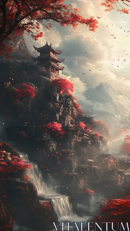 Mountain temple complex with waterfalls and red foliage.